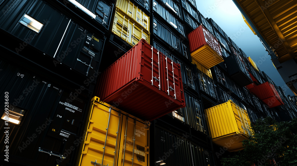 Aufkleber scene of modular container units in different colors stacked within a residential building, emphasiz