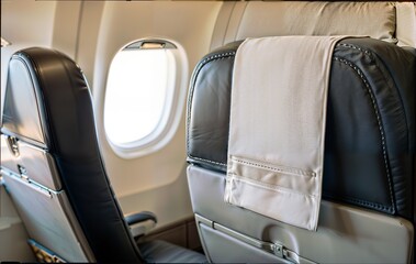 Airplane seats with white headrest space for advertisements near the window