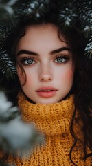 Close-up of a young Caucasian woman in a cozy yellow sweater surrounded by pine branches.