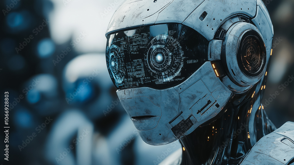 Poster a robot with a blue face and yellow eyes stands in front of a group of robots. the robot's face is i