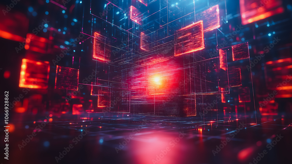 Poster the image is a computer-generated scene of a room with a red and blue light display. the room is emp