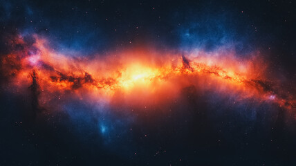 A long, orange line of stars in the sky. The stars are scattered throughout the image, with some closer to the foreground and others further away. The orange line of stars creates a sense of depth