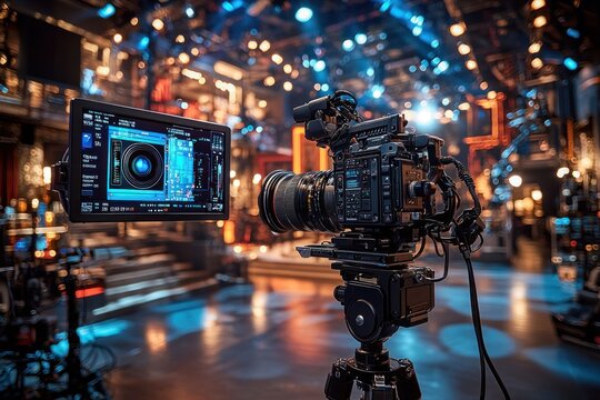 Professional Video Camera Setup on Tripod in Studio with Lights