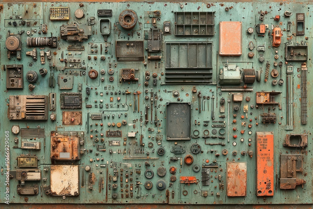 Poster A Wall Covered in Assorted Rusty and Worn Metal Objects