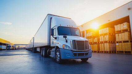 A large semi truck is parked in a warehouse. The sun is shining on the truck, making it look bright and shiny. The warehouse is filled with boxes and crates, indicating that it is a busy place