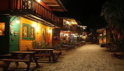 Charming resort village at night with vibrant buildings and sandy pathways