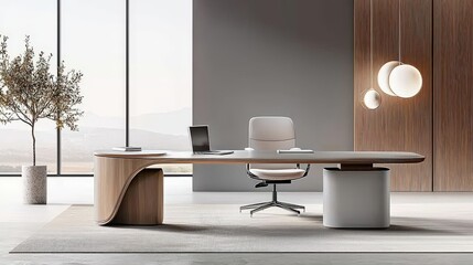 A contemporary office setting featuring muted tones, natural materials, and stylish design elements, perfect for promoting a calm and inspiring work atmosphere.