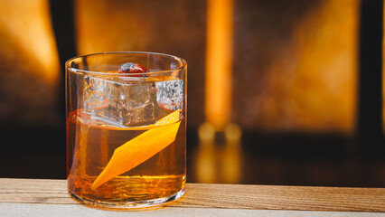 Classic old fashioned cocktail on the bar counter. Without people