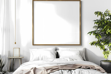 Serene bedroom featuring a minimalist design with a large blank frame above a cozy bed, accented by lush greenery.