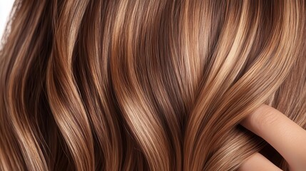 Fototapeta premium A close-up view of wavy, glossy hair with rich, warm brown tones, showcasing texture and movement.