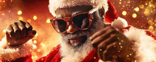 Cool black santa claus wearing sunglasses and dancing with sparkling background