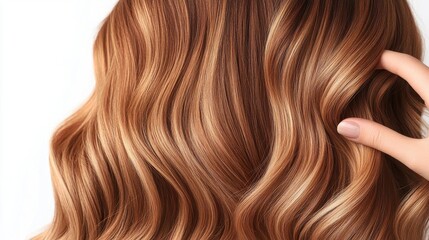 Naklejka premium A close-up view of wavy, shiny hair in warm brown tones, with a hand gently touching the textured locks.