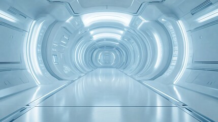 Obraz premium A futuristic, white, and clean spaceship corridor with glowing lights.