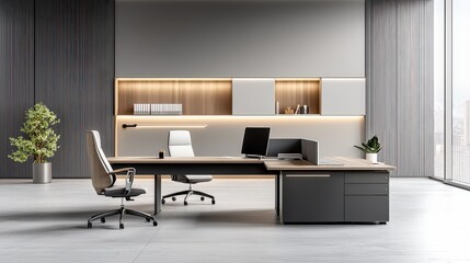 A modern industrial office setting with exposed pipes, large desks, and minimalistic design, ideal for showcasing the importance of collaboration and innovation in business.