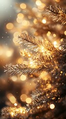 Fototapeta premium Close-up of shimmering golden Christmas tree branches with sparkling lights.