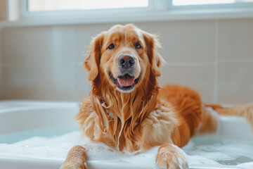 Golden Retriever enjoying a bubble bath in a bright bathroom setting, with a cheerful expression and wet fur, creating a lighthearted and playful atmosphere.