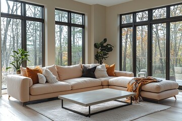 A living room photo of a combination of Scandinavian interiors and midcentury modern interiors with sofa and table views. Generative AI
