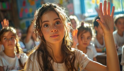 Young Girl with Freckles Raises Her Hand in a Classroom