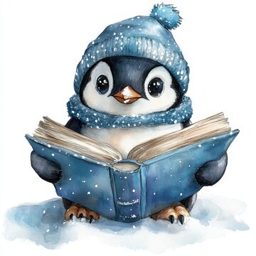 Adorable watercolor illustration of a penguin in a cozy hat and scarf, reading a book in the snow, capturing winter charm on a white background.