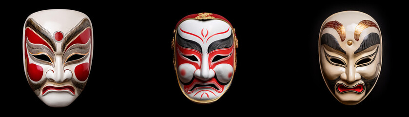 Three theatrical masks with intricate designs are isolated against a black background.