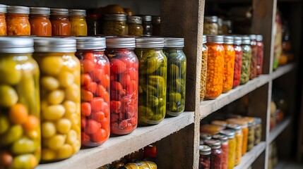 Fully Shelves of Homemade Canned and Preserved Foods in a Rustic Pantry or Larder