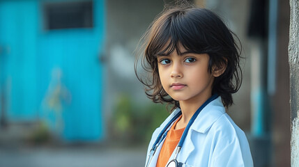 Adorable young girl in a doctor’s coat with a stethoscope, portraying future aspirations, healthcare themes, and youthful innocence in a professional setting.