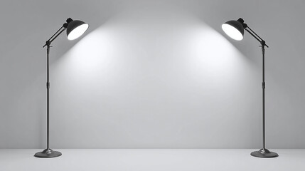 Minimalist studio setup with two modern floor lamps casting light on a plain white background, perfect for product photography, portrait, or content creation.