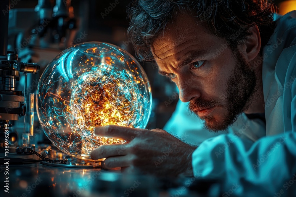 Poster Scientist Examining a Glowing Orb in a Laboratory