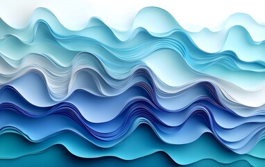 An artistic arrangement of layered paper waves in various shades of blue, creating a serene ocean-like effect reminiscent of gentle currents and tranquil water.