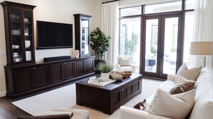 Fototapeta premium Contemporary Living Room with Wooden Furniture and White Sofa