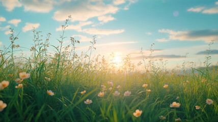 Obraz premium Idyllic summer landscape featuring vibrant flowering grass on a serene meadow at sunrise or sunset
