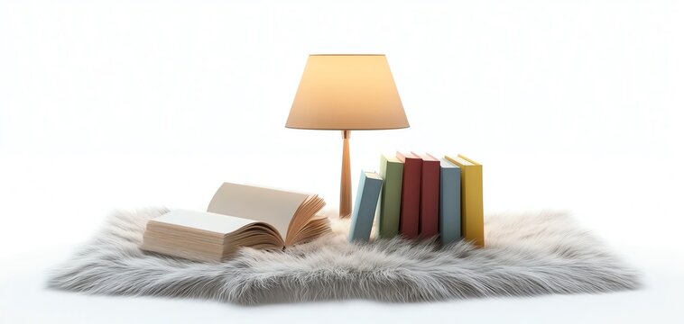 Cozy reading corner with books and lamp on white background
