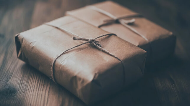 Two brown paper packages tied with string on wooden surface.