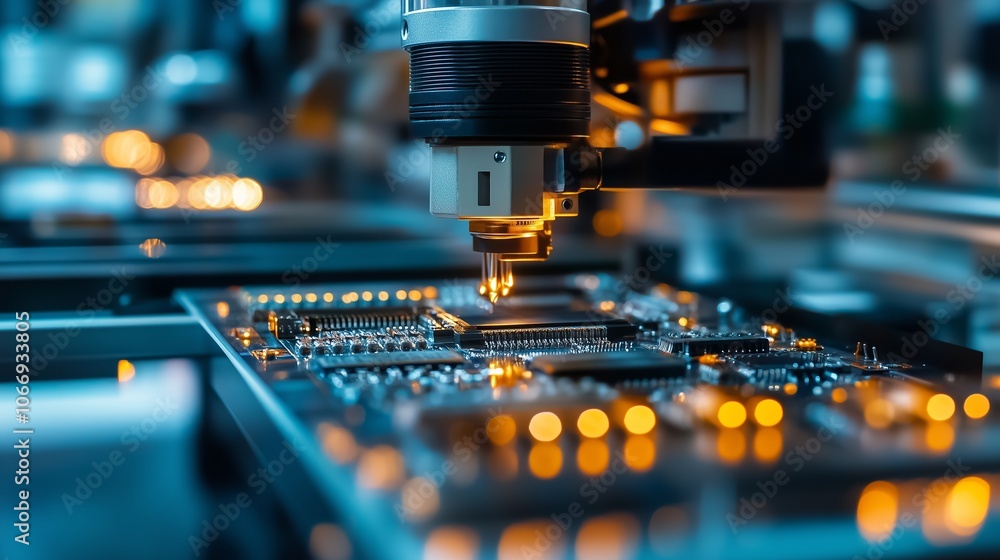 Poster high-tech precision in electronic manufacturing with automated machinery inspecting circuit boards i