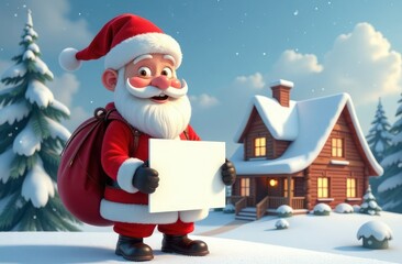 Santa Claus cheerful smiling holds a blank white sheet in his hands, winter snowy background, space for text. Christmas, New Year