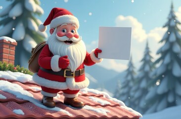 A cheerful smiling Santa Claus stands on the roof of a house and holds a blank white sheet of paper in his hands, winter snowy background, space for text. Christmas, New Year