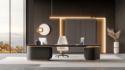 A stylish office environment with a dark theme, featuring contemporary furnishings, muted colors, and warm lighting, ideal for illustrating a sophisticated work culture.