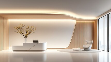 A modern minimalist office background featuring elegant design, clean surfaces, and open spaces, perfect for promoting a fresh and innovative approach to work.