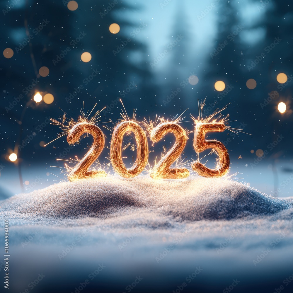 Aufkleber glowing sparklers form the year 2025 in a snowy landscape with a soft bokeh background.
