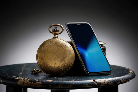 display of old vintage gold pocket watch and modern smartphone - technology progress concept