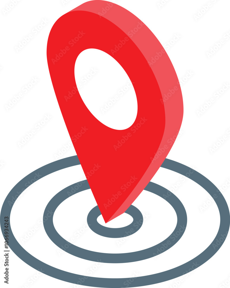 Poster red map pin pointing location on concentric circles, representing a precise position on a map