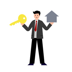 A man with a key and a house. Vector simple color flat illustration.