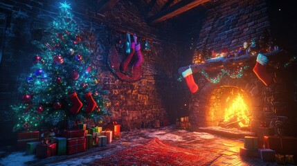 Obraz premium 3D render of a magical Christmas fireplace scene, with stockings hanging, a beautifully decorated tree with shimmering baubles, and a warm glowing fire