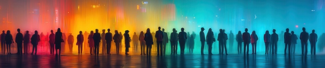 Abstract illustration of many people silhouettes standing in front of a blue and green gradient background