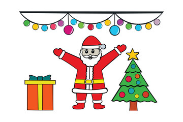 Santa Claus, tree and gift box vector illustration on white background.