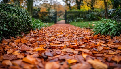 A serene pathway through vibrant autumn leaves and elegant iron gates