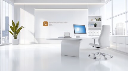 A stylish minimalist office background showcasing white walls, simple decor, and organized desks, perfect for themes related to focus, clarity, and modern business aesthetics.