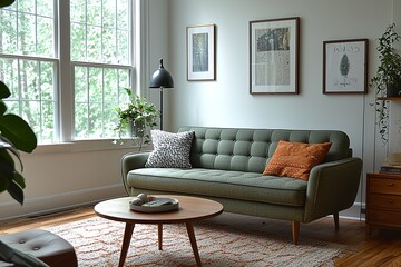 Mid century Modern Interiors in a residential living room with mint-colored sofas and interior accessories. Generative AI
