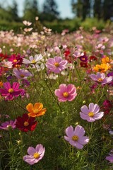 Obraz premium Vibrant Flower Field in Bloom with Varied Colors and Species
