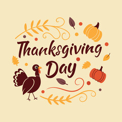 Happy Thanksgiving day vector illustration with turkey, autumn leaves and pumpkins.
